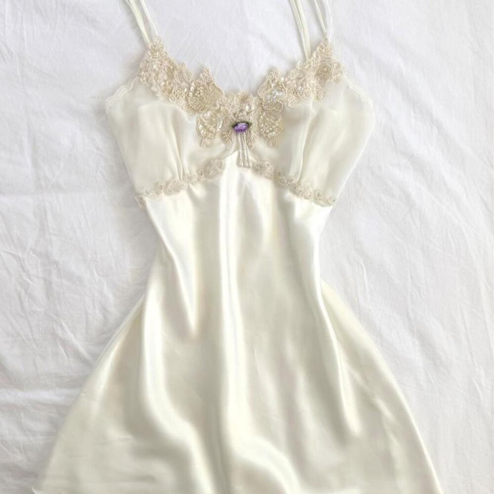 Vintage Ivory Satin Beaded Slip - Medium